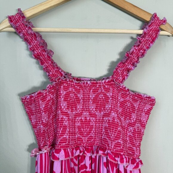 Entro Patterned Smocked Wide Leg Jumpsuit Women's Medium Pink Purple Comfy Boho - Picture 8 of 16